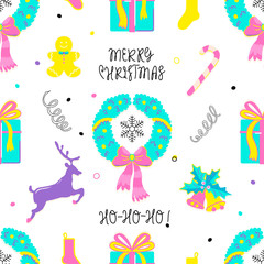 Fototapeta premium Christmas tradition holiday elements in doodle style. Xmas / New Year cartoon seamless pattern. Simple vector design can be used for greeting card, banner, flyer, wrapping, fabric texture, book print