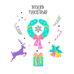 Fototapeta premium Christmas set in doodle style with tradition holiday elements. Merry Christmas collection. Cute cartoon illustration. Simple vector design can be used for greeting cards, banners, flyers, animation