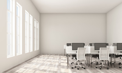 Interior of modern white office with rows of white computer tables with white chairs, wooden floor. 3d rendering