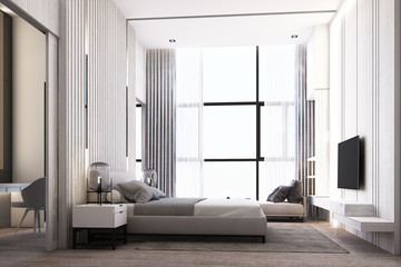 Bright and cozy modern bedroom with dressing room, headboard decorated by wood battens and large window and daybed for read with soft seats and pillow. 3d render