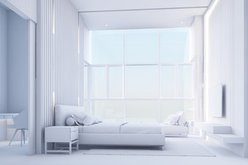 Fototapeta na wymiar Bright and cozy modern bedroom with dressing room, headboard decorated by wood battens and large window and daybed for read with soft seats and pillow. All white model. 3d render