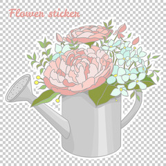 Sticker. Beautiful watering can with flowers. Vector illustration.