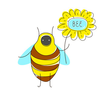 Cute cartoon concept with funny bug: bee, flower and name text. Vector art image in children illustration style. Can be used for poster, banner, background, t-shirt print, label, cover, wrapping