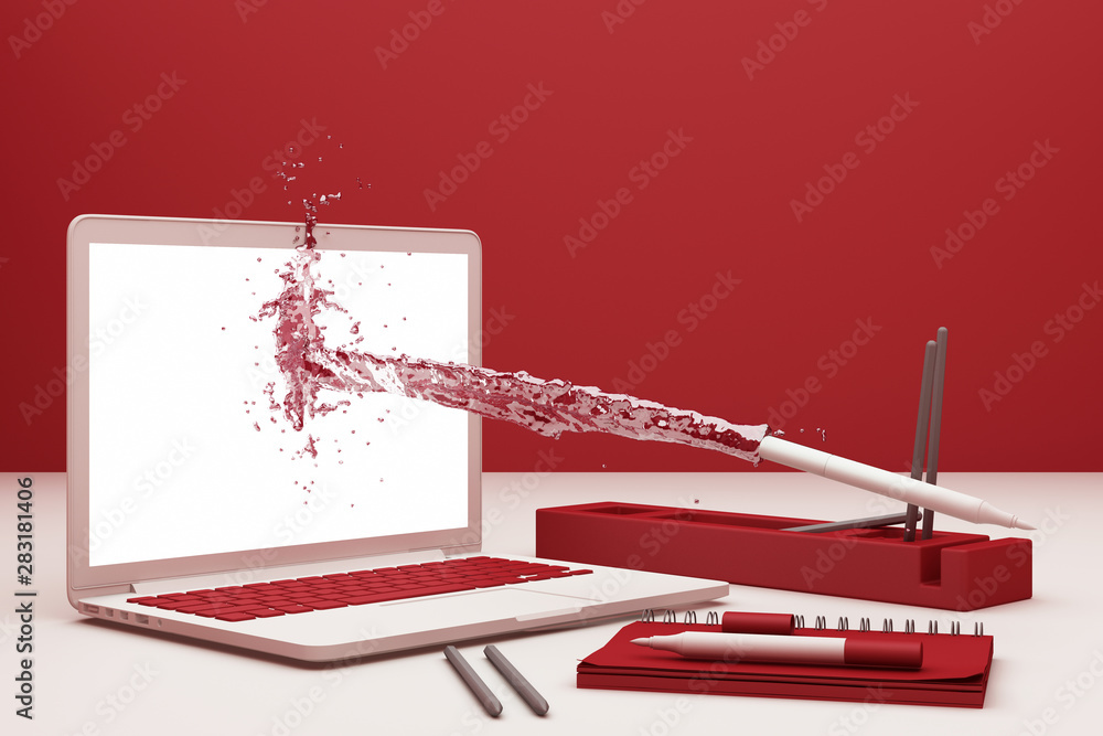 Poster pen splashing red idea to laptop on white modern desk and red background. 3d rendering