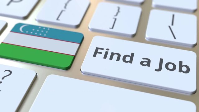 FIND A JOB text and flag of Uzbekistan on the buttons on the computer keyboard. Employment related conceptual 3D animation