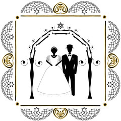 Vintage Graphic Chuppah. Arch for a religious Jewish Jewish wedding. The bride and groom under a canopy. Vector illustration on isolated background.