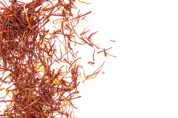 Naklejka premium Lot of whole dry shaffron thread copyspace on right flatlay on white background