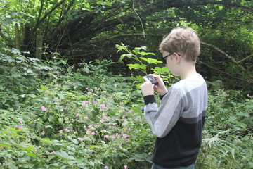 Young boy using a camera