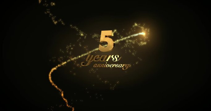 5 years anniversary motion graphic 4K footage with golden sparkling trail, particles and number. Background with alpha channel