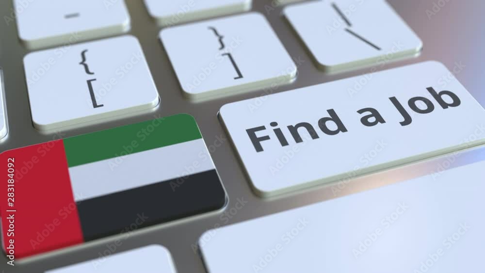 Poster find a job text and flag of the united arab emirates uae on the buttons on the computer keyboard. em