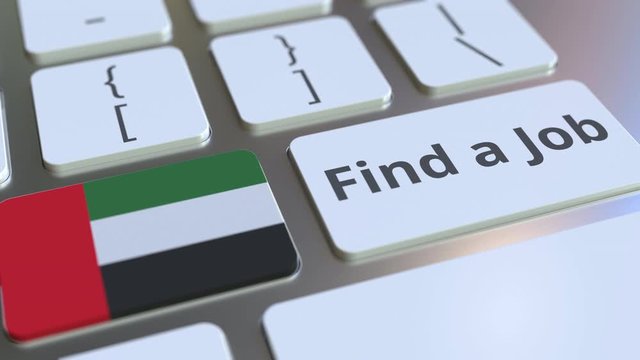FIND A JOB text and flag of the United Arab Emirates UAE on the buttons on the computer keyboard. Employment related conceptual 3D animation
