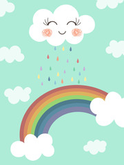 Vector design cute white cloud with smiling face on pastel blue sky background and colorful raindrops. Sweet concept about fresh and happy in raining day with rainbow for background and wallpaper.