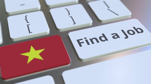 FIND A JOB text and flag of Vietnam on the buttons on the computer keyboard. Employment related conceptual 3D animation