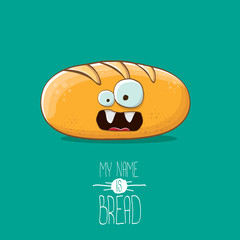 vector funky cartoon cute white loaf of bread character isolated on azure background. My name is bread concept illustration. funky food bakery character