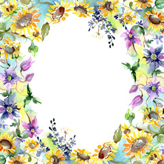 Bouquet with sunflowers botanical flowers. Watercolor background illustration set. Frame border ornament square.
