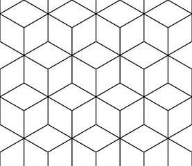 Isometric cube black line seamless pattern on white background.