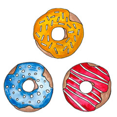 Hand drawn watercolor colored donuts in the glaze on a white background. Seamless pattern, sketch set, frame. Sweet food