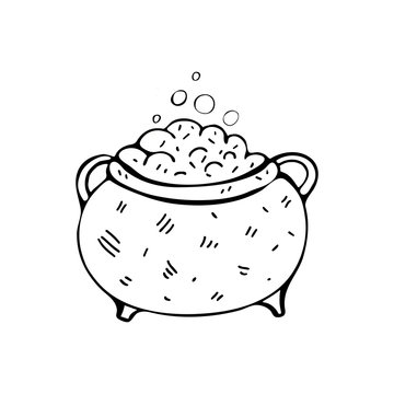 Halloween witch cauldron with bubbling potion. Vector illustration. Monochrome line drawing. Isolated object on white background in vector. Black and white