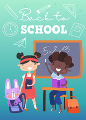 Back To School concept with two young multiracial kids in a classroom with their pet in a backpack, learning arithmetic in a colorful vector illustration with text