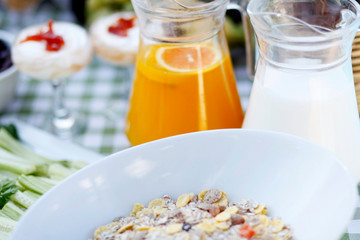 Healthy breakfast, orange juice and oats