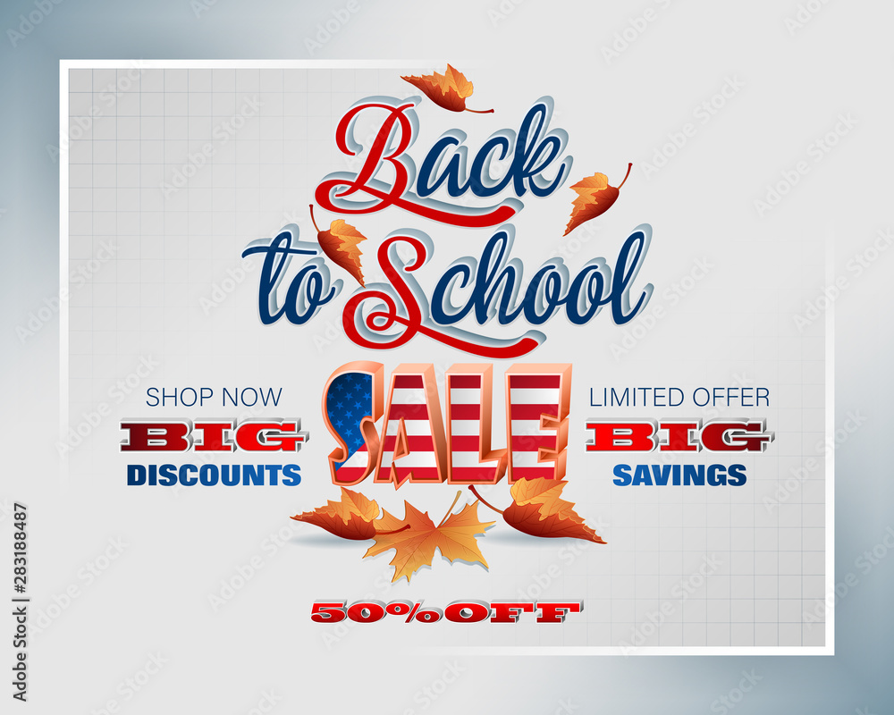 Poster background design with handwriting, three dimensional texts and leaf in autumn colors for sales of b