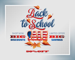 Background design with handwriting, three dimensional texts and leaf in autumn colors for sales of Back to school and commercial events