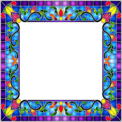 Illustration in stained glass style flower frame, bright flowers and  leaves in blue frame on a white background