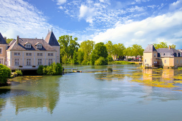 Naklejka na ściany i meble La Flèche. Le Loir et le moulin des quatre saisons. Sarthe. Pays de la Loire
