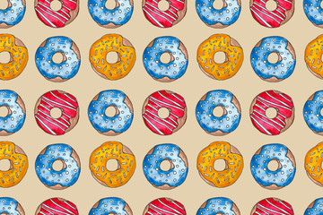 Hand drawn watercolor colored donuts in the glaze on a white background. Seamless pattern, sketch set, frame. Sweet food