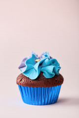 Cupcake isolated on a light pink background. Copy space