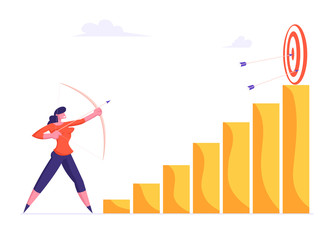 Businesswoman Aiming Arrow to Target Board Stand on Top of Column Chart Graph. Opportunity and Challenge, Task Solution, Business Strategy Concept. Goals Achievements Cartoon Flat Vector Illustration