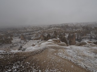 Snow in Cappadocia, ancient cave city in Turkey