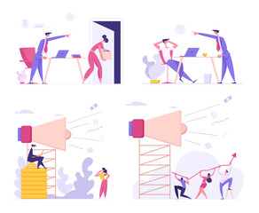 Social Media Marketing and Angry Boss Firing Office Employee Set. Business Advertising Promotion Campaign with Big Loudspeaker Talking to Crowd. Teamwork Communication Cartoon Flat Vector Illustration