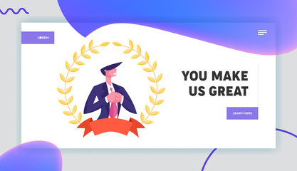 Best Worker Employee Website Landing Page. Business Man or Top Manager Cheering Inside of Golden Award Laurel Wreath with Ribbon. Successful Results Web Page Banner. Cartoon Flat Vector Illustration