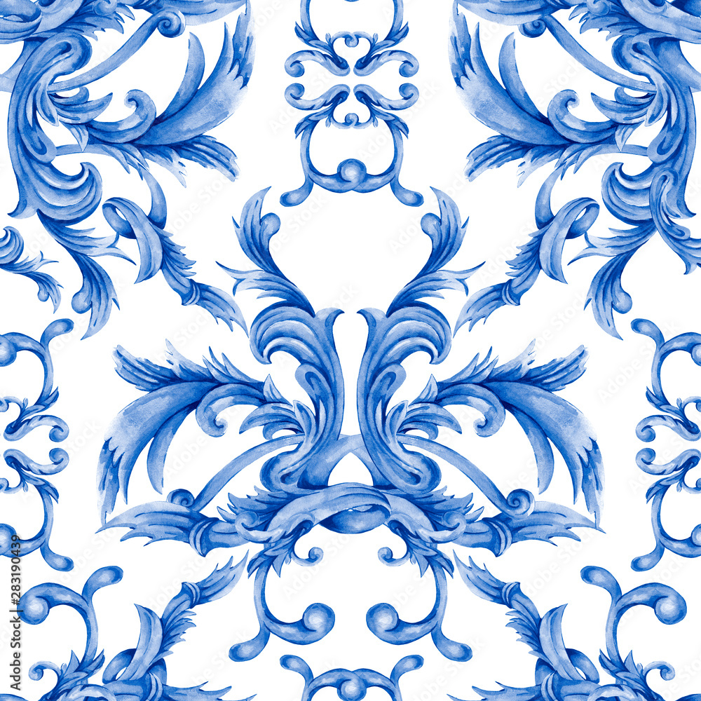 Wall mural watercolor blue baroque seamless pattern, rococo ornament texture. hand drawn gold scrolls, leaves.