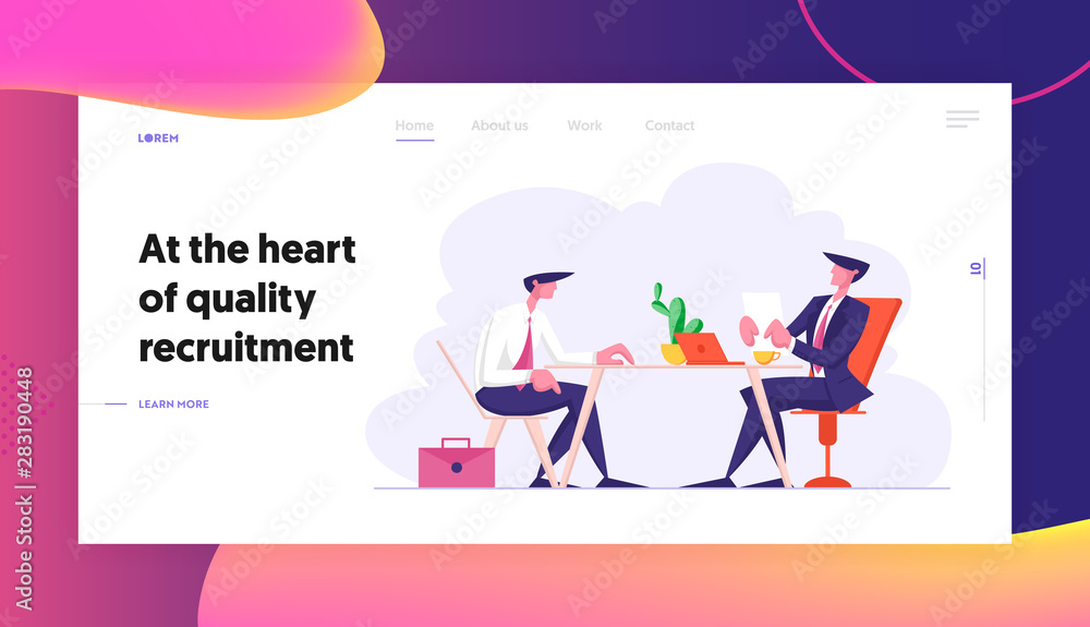 Poster job interview website landing page. selection committee manager asking questions to applicant candid