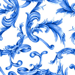 Watercolor blue baroque seamless pattern, rococo ornament texture. Hand drawn gold scrolls, leaves.