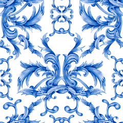 Watercolor blue baroque seamless pattern, rococo ornament texture. Hand drawn gold scrolls, leaves.