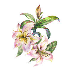 Watercolor White Royal Lilies Flowers Greting Card, Vintage Floral Frame