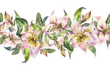 White Lily Seamless Border, Watercolor Royal Lilies Flowers, Vintage Floral Texture