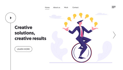 Businessman Character Racing in Leadership Competition Website Landing Page. Business Man Riding Monowheel Juggling Glowing Light Bulbs. Creative Idea Web Page Banner. Cartoon Flat Vector Illustration © Anna Syvak