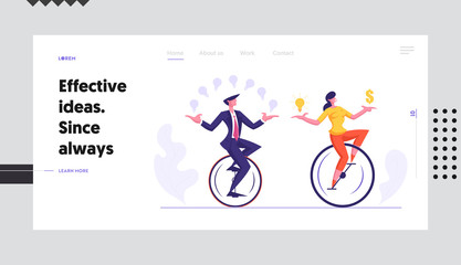 Businesspeople Racing in Leadership Competition Website Landing Page. Business Man and Woman Riding Monowheel Juggling with Glowing Idea Light Bulbs Web Page Banner. Cartoon Flat Vector Illustration