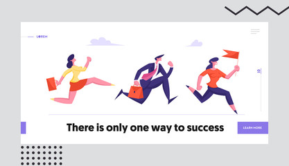 Leadership, Competition Concept Website Landing Page. Business People Characters Running by Row Following Businesswoman Holding Red Flag in Hands Web Page Banner. Cartoon Flat Vector Illustration