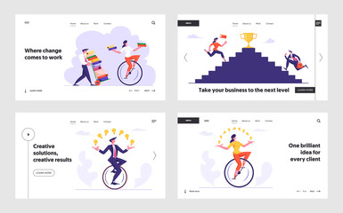 Overloaded Workers with Documents, Business Competition, Goal Achievement Website Landing Page Set. Office Employees Riding Monowheel, Climbing Stairs Web Page Banner. Cartoon Flat Vector Illustration © Anna Syvak