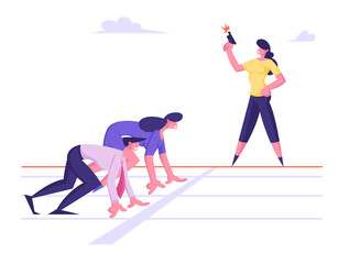 Focused Business People Group Managers and Entrepreneurs Man Woman Standing Ready for Run Sprint Competition on Race Track Start Line Waiting Starter Pistol Signal. Cartoon Flat Vector Illustration