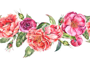 Vintage Watercolor Seamless Border with Blooming Flowers. Roses and Peonies