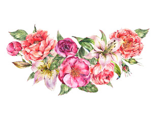 Vintage Watercolor Wreath with Blooming Flowers. Roses and Peonies, White Royal Lilies