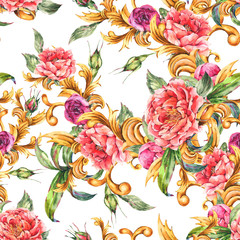 Watercolor golden baroque floral curl with blooming flowers seamless pattern. Roses and Peonies, rococo texture