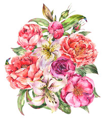 Vintage Watercolor Greeting Card with Blooming Flowers. Roses and Peonies, White Royal Lilies