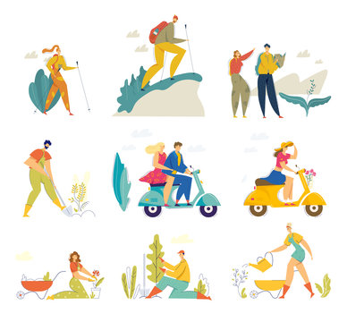 Summertime Hobbies and Activity Set. Happy Male and Female Characters Hiking with Scandinavian Sticks, Couple Riding Motor Scooter, Gardeners Care of Plants in Garden Cartoon Flat Vector Illustration